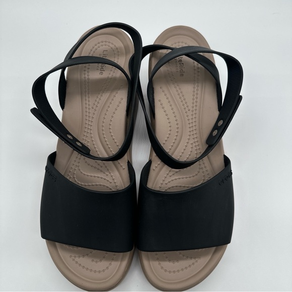 CROCS Black and Tan Wedge Sandals - Picture 2 of 9